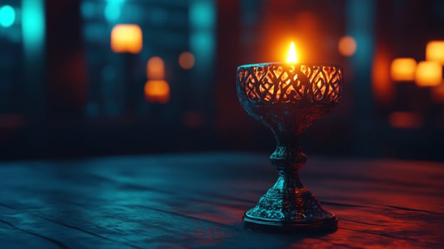 Ornate candlelit chalice on table, mystical background, fantasy setting, website banner photo