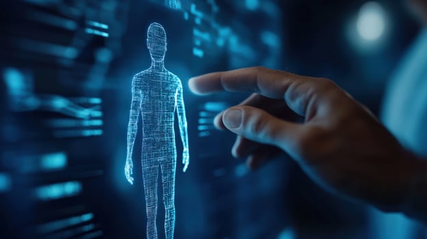 Digital human anatomy, futuristic interface, screen touch, data analysis, healthcare photo