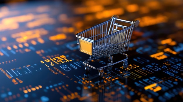 Online shopping cart on digital circuit board, glowing background, ecommerce concept photo