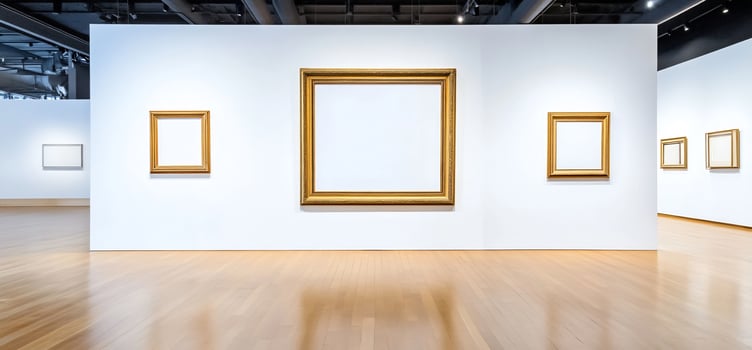 Blank frames on gallery wall museum exhibit space for artwork mockups photo