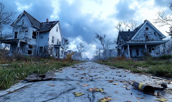 Abandoned houses and deteriorating road under cloudy sky photo
