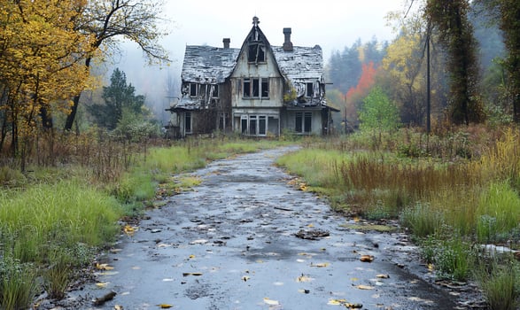 Dilapidated house at the end of wet road in an autumnal setting photo