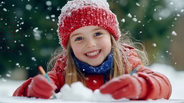 Child enjoy winter snow building snowman outdoor activity photo