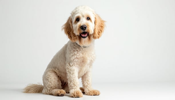 Sitting Golden Doodle Dog on White Background photo