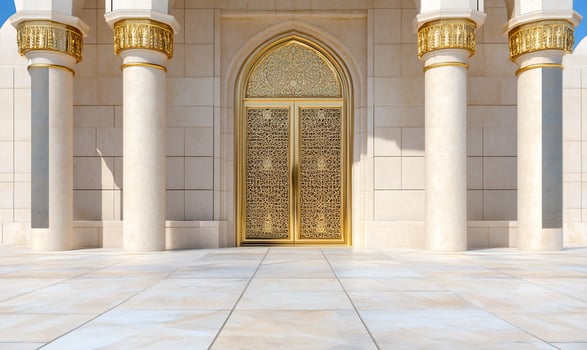 Elegant building facade with gold door and classical columns architecture photo