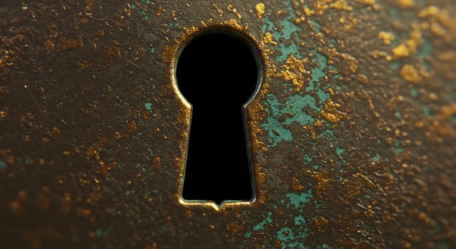 Keyhole on rusty metal door photo