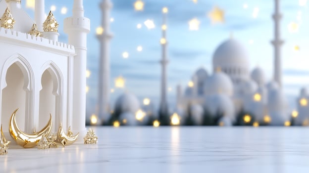 Architectural mosque model festive background with golden crescents photo