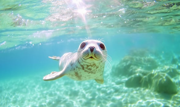 Harbor seal swimming underwater in clear turquoise water close up photo