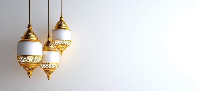 Golden lanterns hanging decoration ornamental design on white background photo