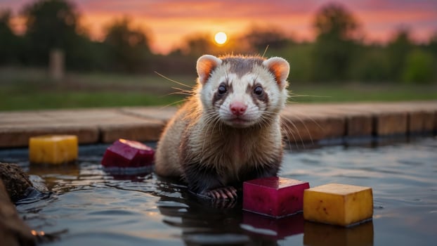 Ferret playing in a shallow pond at sunset, surrounded by colorful blocks, peaceful nature scene photo