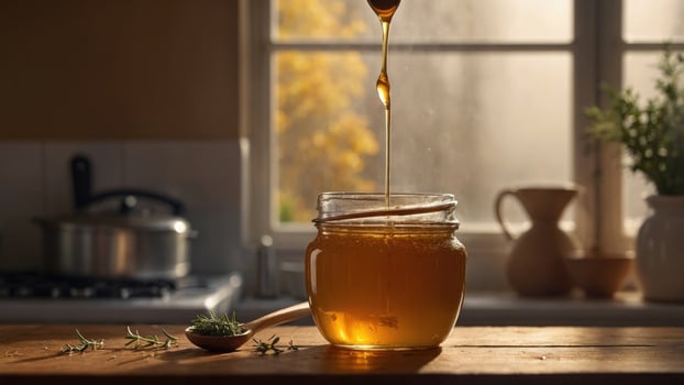 Golden honey being drizzled from a wooden spoon into a glass jar, with a cozy kitchen background photo