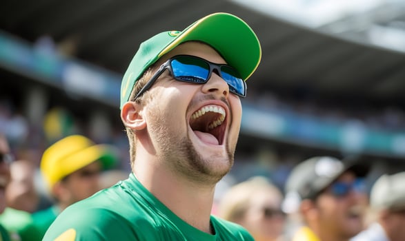 Man cheering in crowd with green cap and sunglasses outdoor event photo