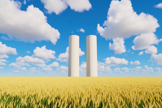Wheat field with cylinders under blue sky pastoral landscape scene photo