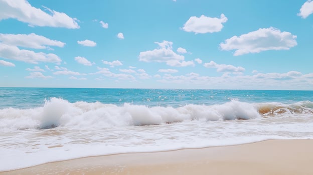 Tranquil beach scene with rolling waves and blue sky serenity photo