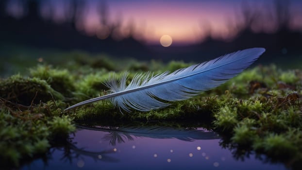 Serene feather resting on moss by a tranquil pond at sunset, capturing nature's beauty and calmness photo