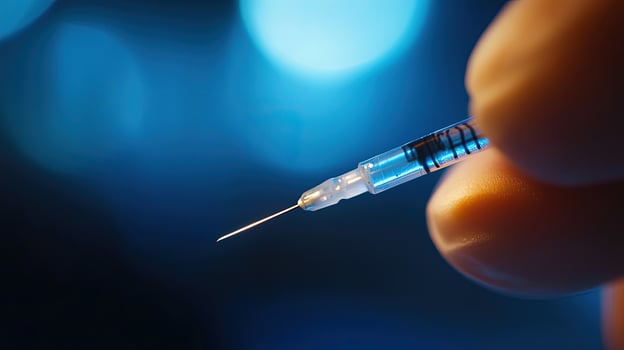 Close up of a hand holding a syringe with a blue liquid on a blurred background photo