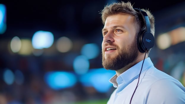 Man wearing headphones listening to music or podcast with blurred urban background photo