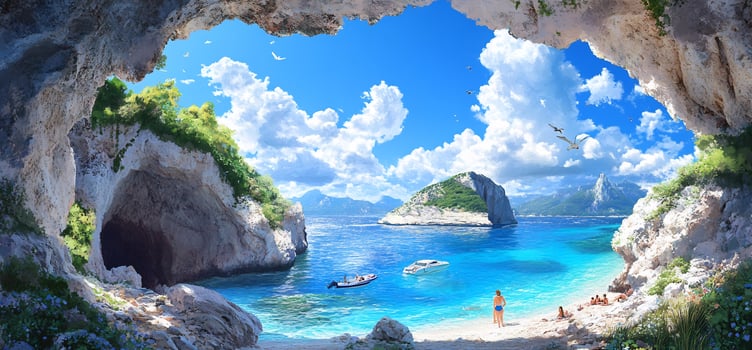 Coastal scenery with cave opening beach and turquoise sea landscape photo