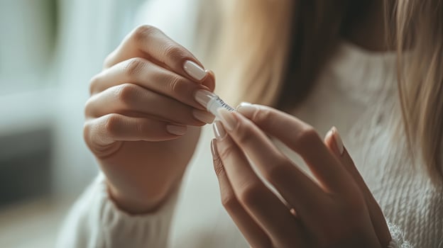 Close up of a Caucasian woman holding a small applicator in her hands photo