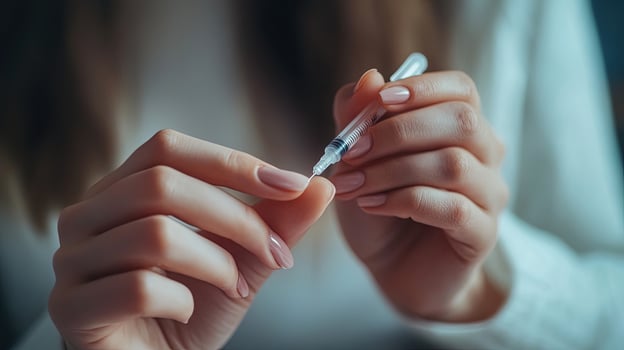 Close up shows hands holding an injection syringe with needle point visible photo