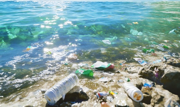 Plastic waste polluting ocean shoreline environmental degradation photo
