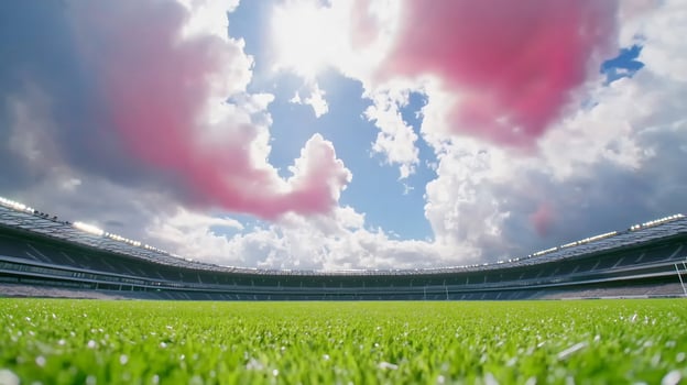 Empty stadium under cloudy sky lush green field arena photo