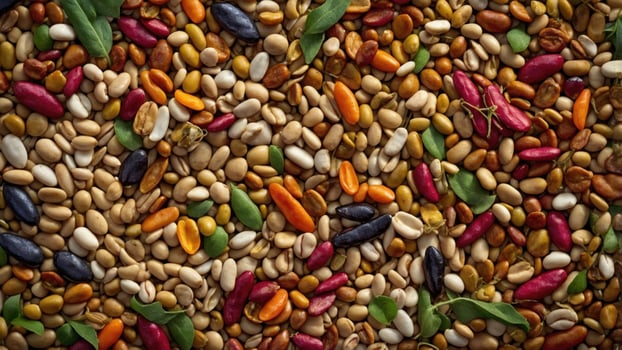 Colorful assortment of seeds and legumes spread across a wooden surface with herbs in the background photo