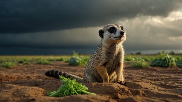 Meerkat sitting on sandy ground, observing dark storm clouds gathering in the distance, with lush greens photo