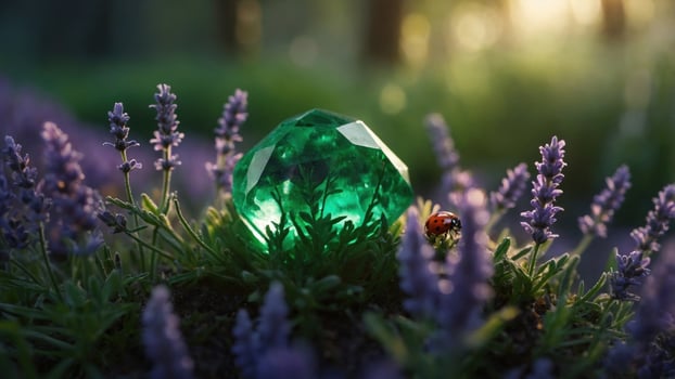 A vibrant green gemstone resting among blooming lavender flowers in a serene forest setting photo