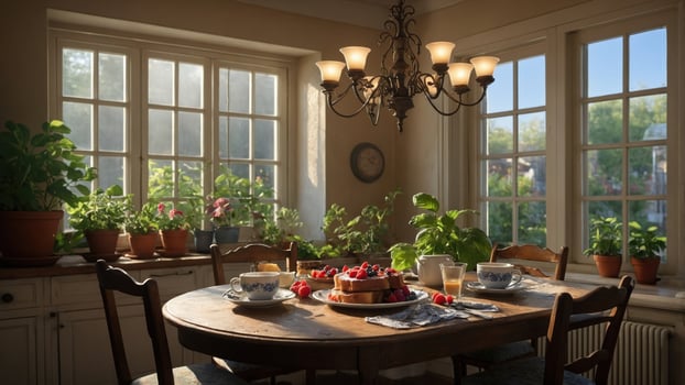 Cozy kitchen scene with a wooden table set for breakfast, featuring a cake and fresh fruit, surrounded by greenery photo