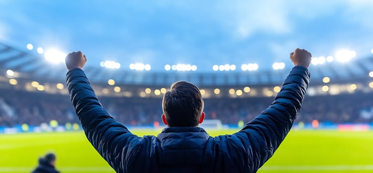 Spectator cheer inside a brightly lit stadium during a sports event photo