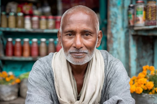 Indian shopkeeper smiling in front of his grocery store photo