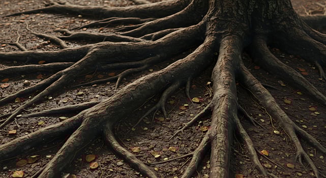 The roots of a tree are shown in the ground photo