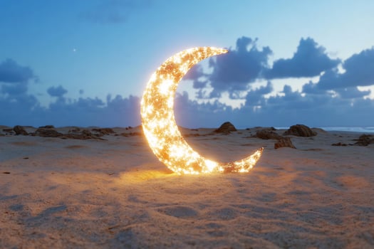 Glowing crescent moon on sandy beach at twilight ethereal seascape photo