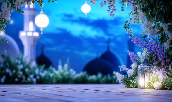 Lantern and floral scene with decorative lighting and architectural silhouette photo