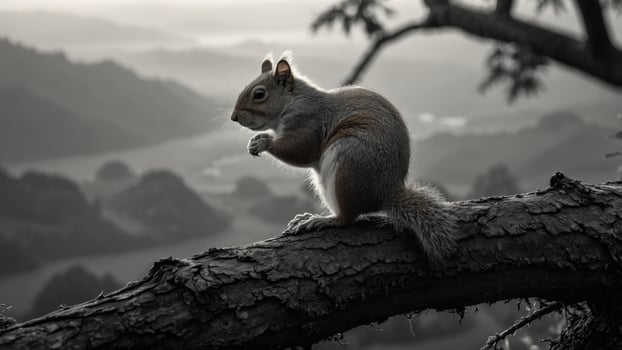 Squirrel perched on a branch, observing the serene landscape at dawn with soft light illuminating fur photo