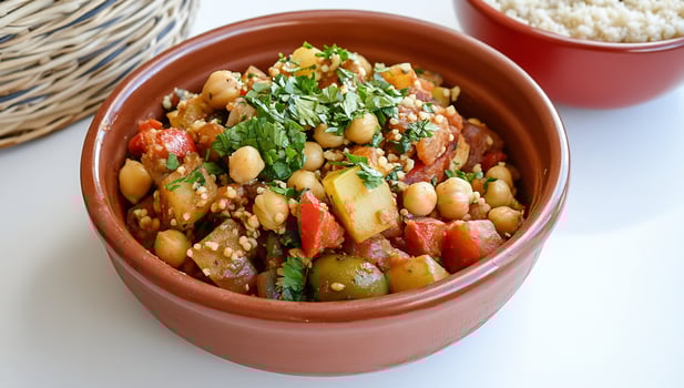 Chickpea stew bowl with tomatoes potatoes and herbs vegan cuisine photo