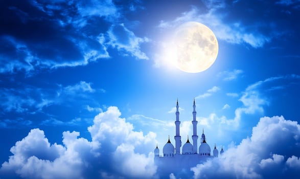 Building silhouette under moonlit sky with clouds decorative night design photo