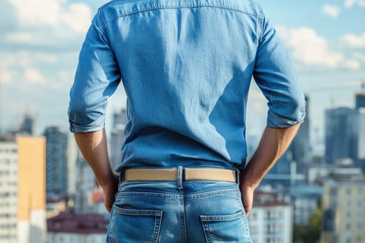 Back view of a man wearing denim shirt looks at the cityscape from rooftop photo