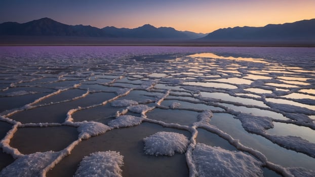 Serene sunset over a vast salt flat, showcasing intricate patterns and distant mountain silhouettes photo