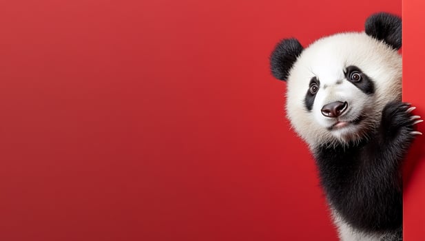 Playful panda peek behind a solid backdrop animal portrait wildlife conservation concept photo