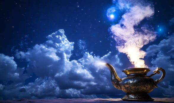 Magical golden lamp with smoke and night sky background photo