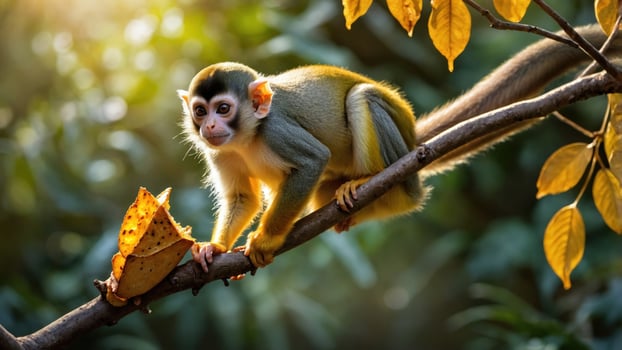 Squirrel monkey perched on a branch surrounded by vibrant autumn leaves in a lush forest setting photo