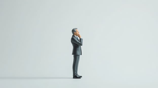 Pensive silver haired man in dark suit standing isolated with hand on his chin photo