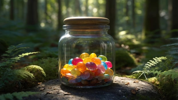 Colorful glass jar filled with vibrant candies placed on a mossy stone in a serene forest setting photo