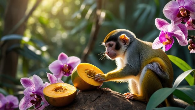 A playful monkey interacts with a ripe melon amidst vibrant orchids in a lush jungle setting photo