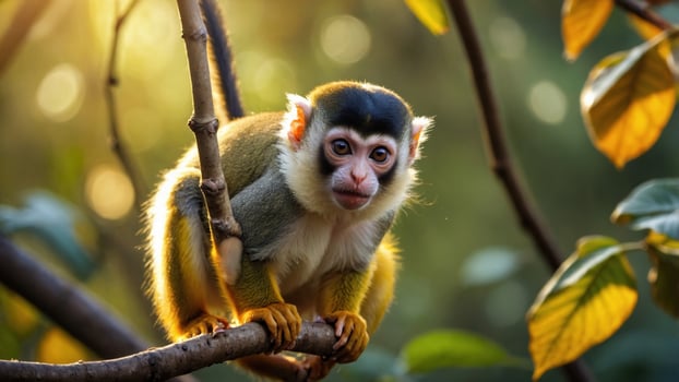 Squirrel monkey perched on a branch in a lush forest, illuminated by soft sunlight, surrounded by greenery photo