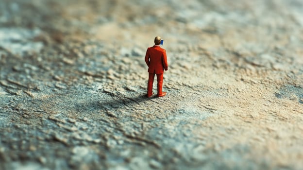 Blonde man in a red suit stands looking at a tablet in desolate landscape photo