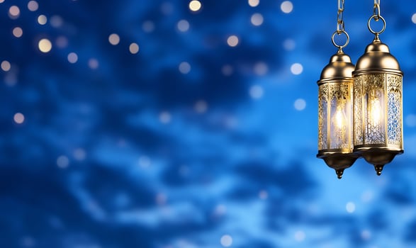 Decorative lanterns hanging with bokeh lights festive celebrations background photo