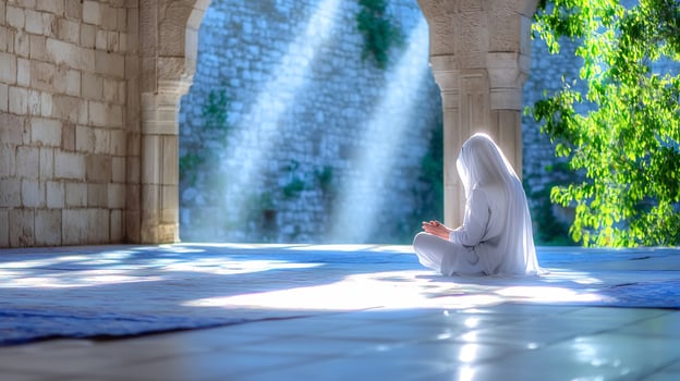 Meditative figure in tranquil stone sanctuary illuminated by sunlight photo